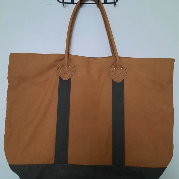 Genuine LL BEAN  Boat & Tote Bag Full Grain Leather Handles vintage Khaki/Green - Picture 2 of 10